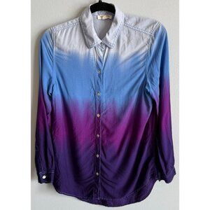 Beach Lunch Lounge Womens Casual Button Up Shirt Blue/Purple Ombre Dyed Medium